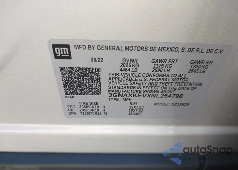 2022 Chevrolet Equinox Lt z USA, uszkodzony, nr VIN 3GNAXKEVXNL254798